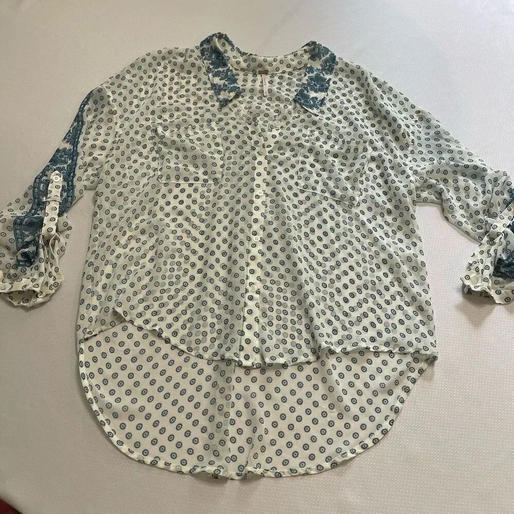 Free People Sheer Blue White Tunic Top Blouse Size Small